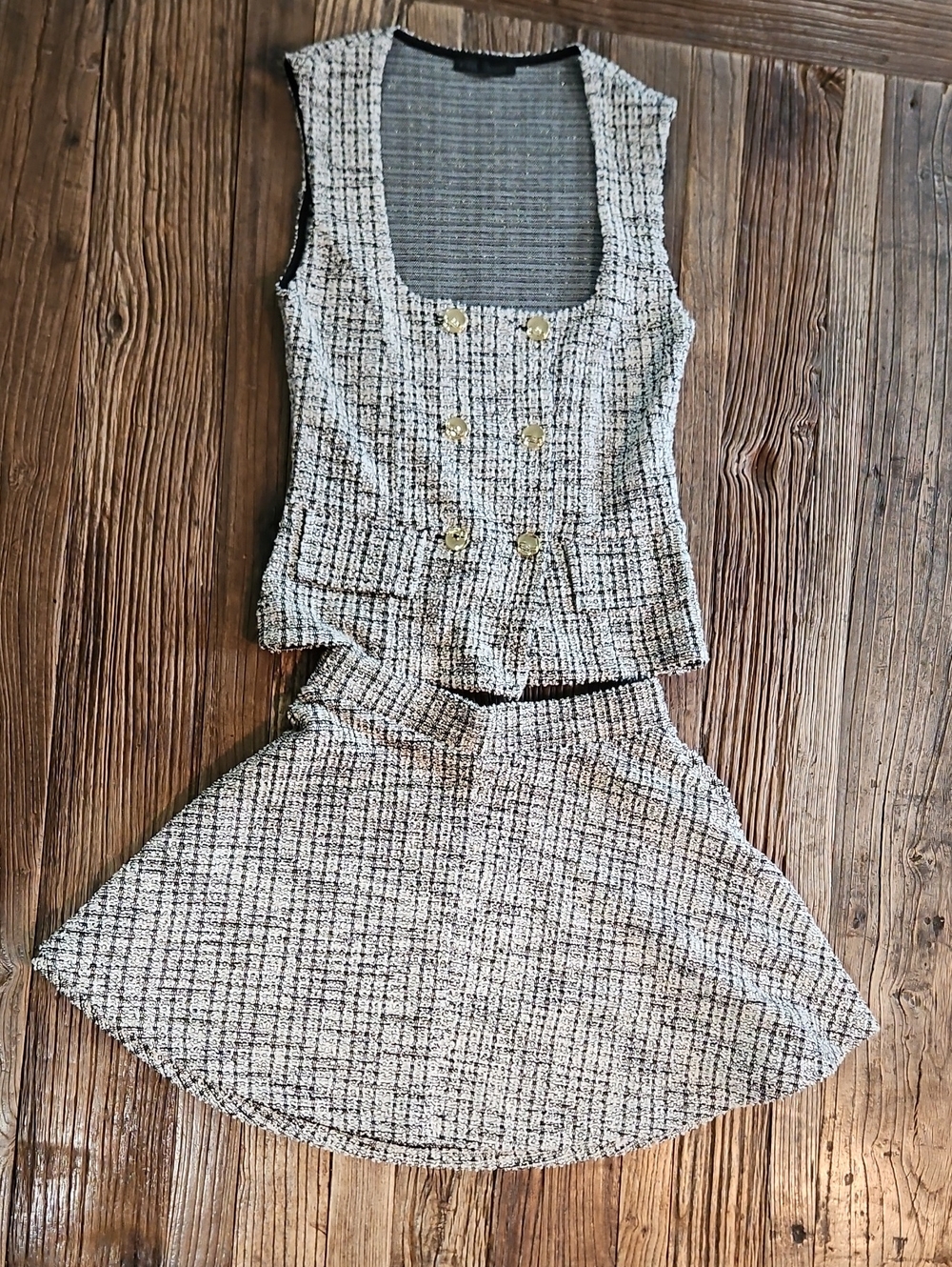 Zara Tweed Jacquard Vest & Flared Mini Skirt Co-Ord Set - Size S